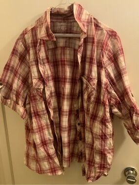 Sonoma Plus Size Red and White Short-Sleeve Plaid Button-Down Shirt